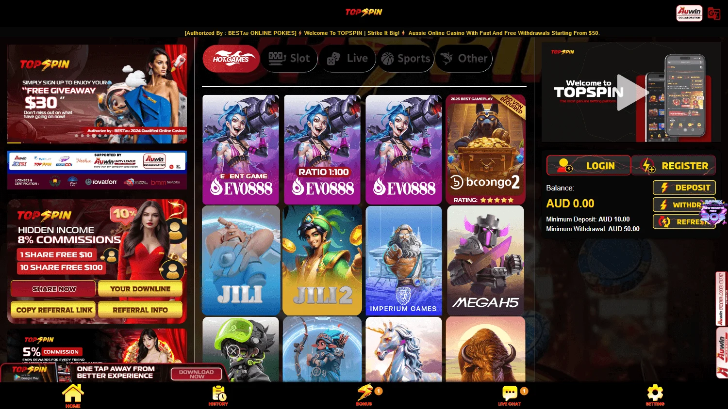 Topspin Casino desktop home interface with casino account and offer information
