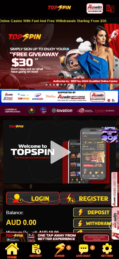 Topspin Casino mobile-compatible interface with essential controls on a smaller screen