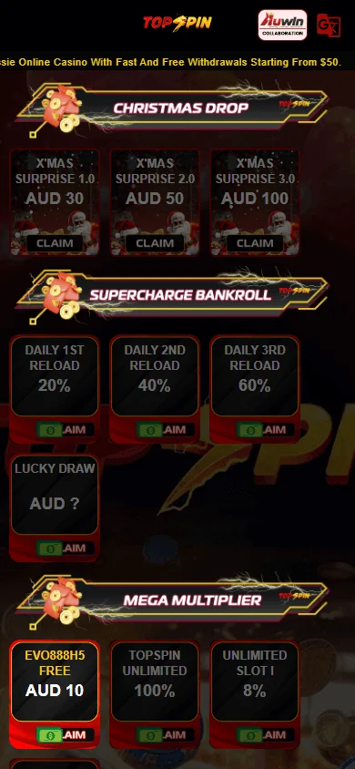 Topspin Casino mobile promotions interface featuring the available casino offers